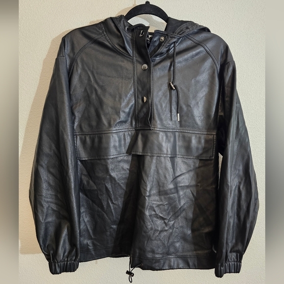 Topshop Tops - Topshop Hoodie Black Faux Leather 3-Snaps Pullover Pocket Drawcord